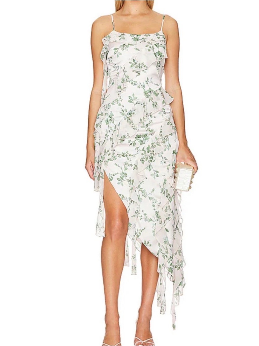 MISA Los Angeles ILYSA MID LENGTH DRESS large White Floral Sage asymmetrical